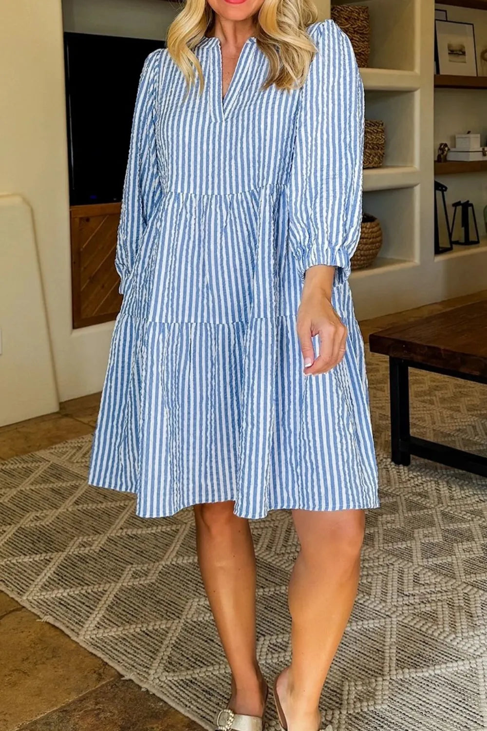 Striped Seersucker Notched Neck Balloon Sleeve Tiered Shift Dress with Pockets 4