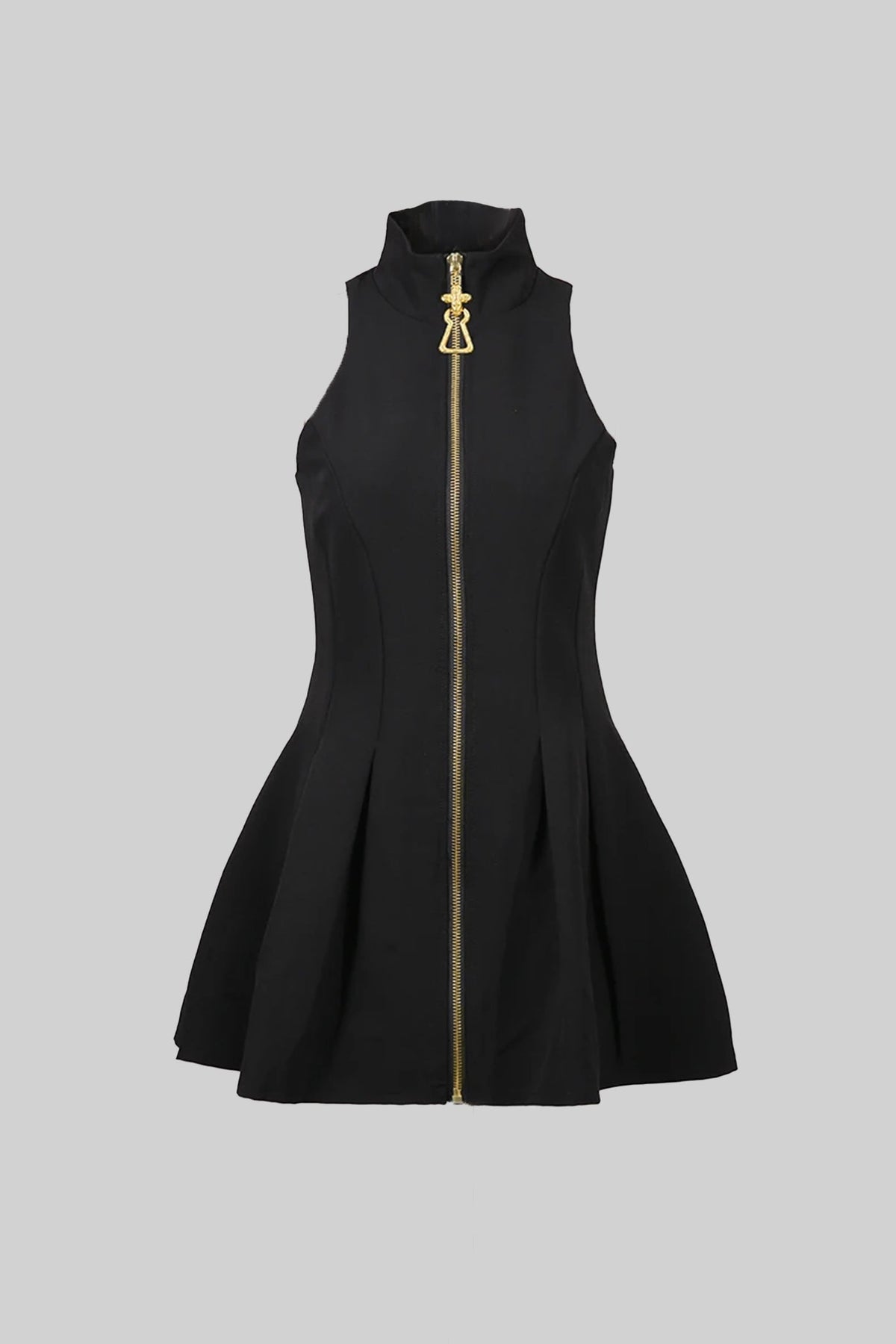 Sleeveless Mock Neck Exposed Zip Front Pleated Mini Dress - View 2
