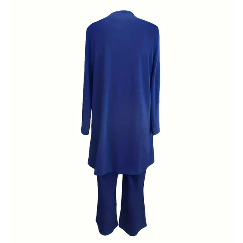 Round Neck Top Open Front Duster and Wide Leg Pants Three Piece Set