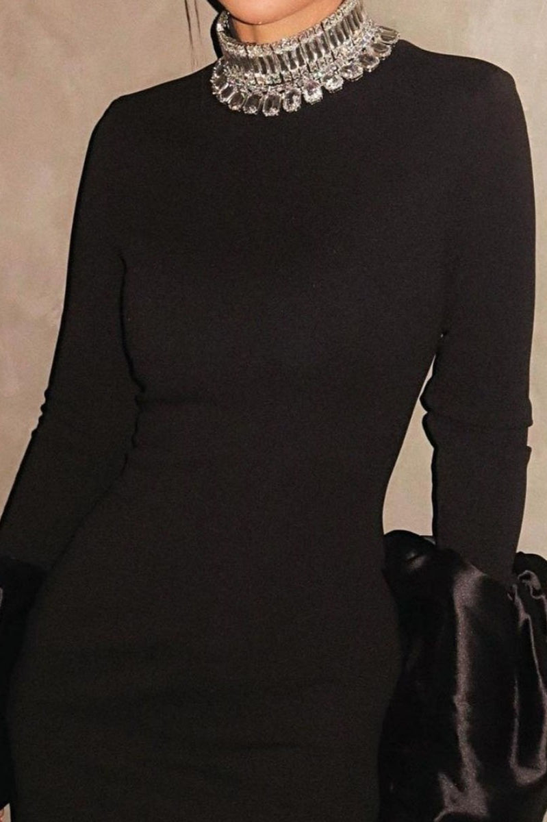 Rhinestone High Neck Puff Sleeve Bodycon Maxi Dress
