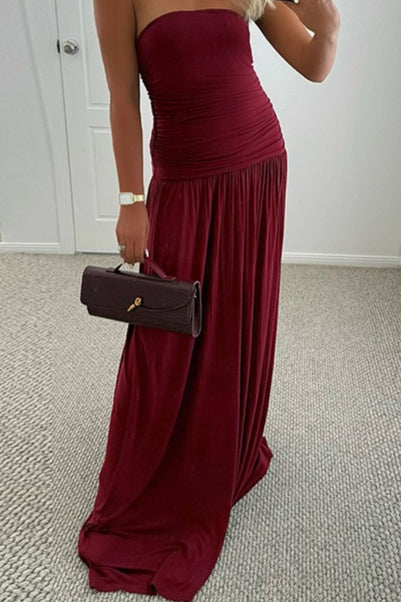 Strapless Ruched Flowy Maxi Formal Dress