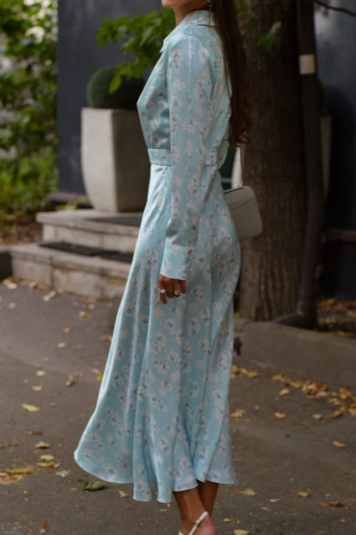 Satin Floral Print Collar Long Sleeve Belted Midi Dress