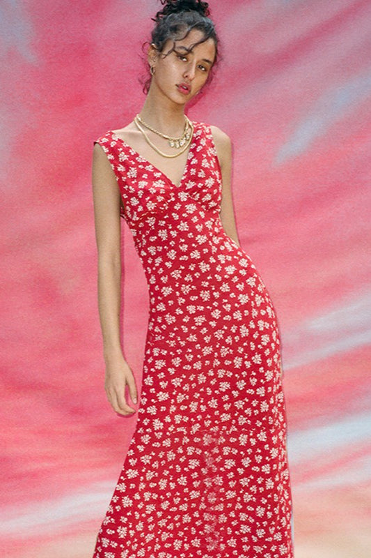 Deep V-Neck Floral Dress