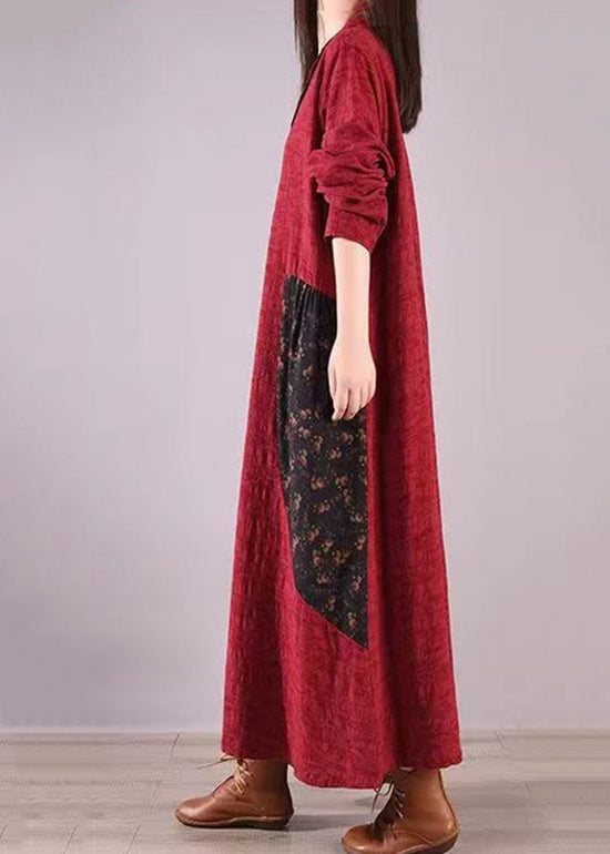 Linen Stand Collar Button Front Patchwork Panel Pocket Maxi Dress