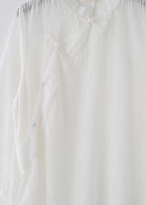 Mandarin Collar Frog Button Tiered Ruffle Gauze Maxi Dress
