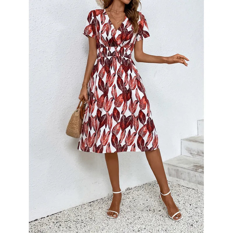 Wrap V-Neck Flutter Sleeve Smocked Waist A-Line Midi Summer Dress