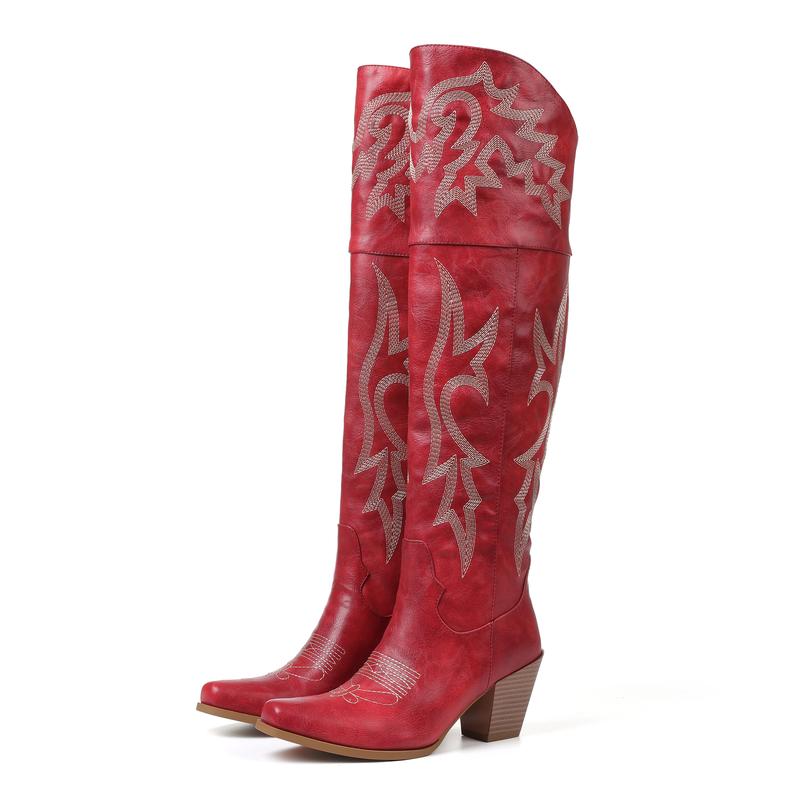 Embroidered Block Heel Over The Knee Cowboy Boots