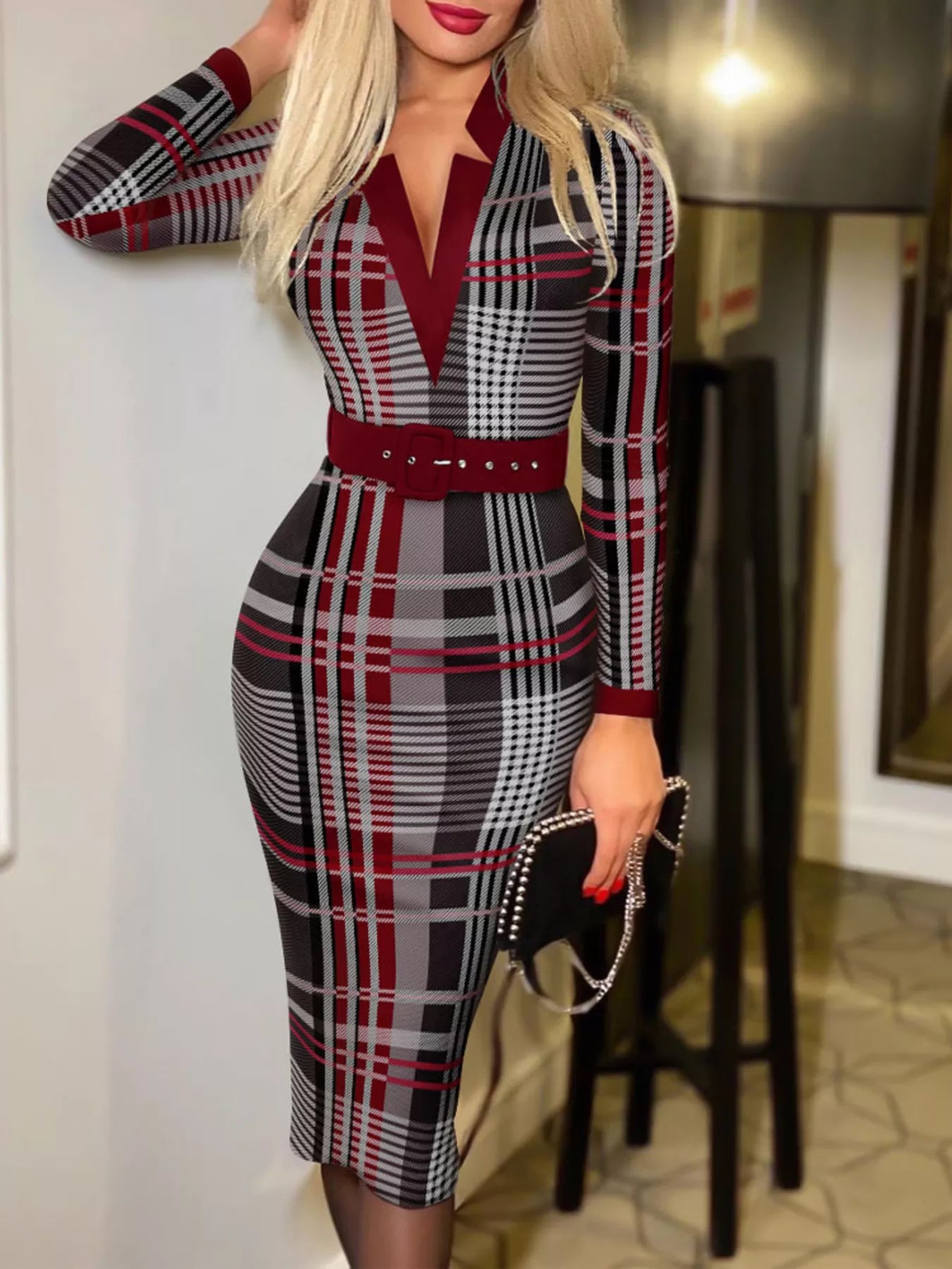 Full Size Notched Long Sleeve Dress Plus Size Burgundy