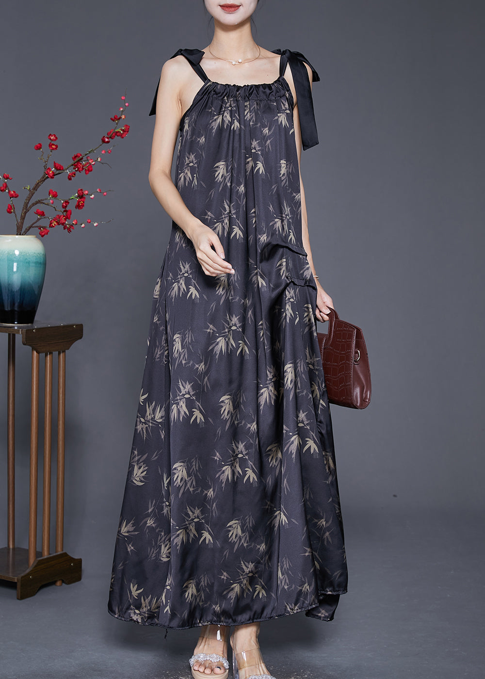 Bamboo Leaf Print Gathered Neck Bow Tie Strap Pocket Flap Sleeveless Maxi Dress