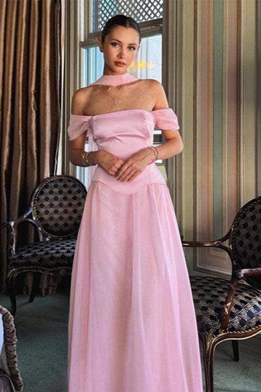 Off-the-Shoulder Sheer Mesh Satin Dress