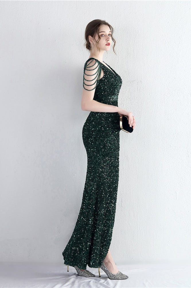 Sequin V-Neck Beaded Fringe High Split Mermaid Gown