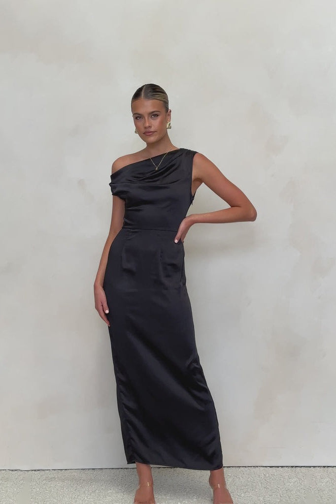 Satin One Shoulder Draped Column Maxi Dress