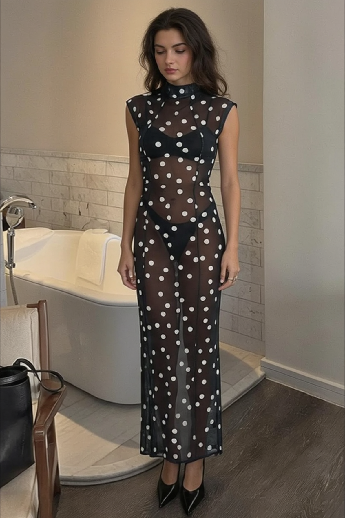 Sexy Polka Dot Silk Tie Waist Sleeveless Party Dress