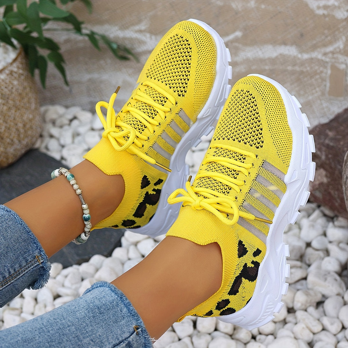 Lace Up Leopard Print Knit Chunky Sneakers