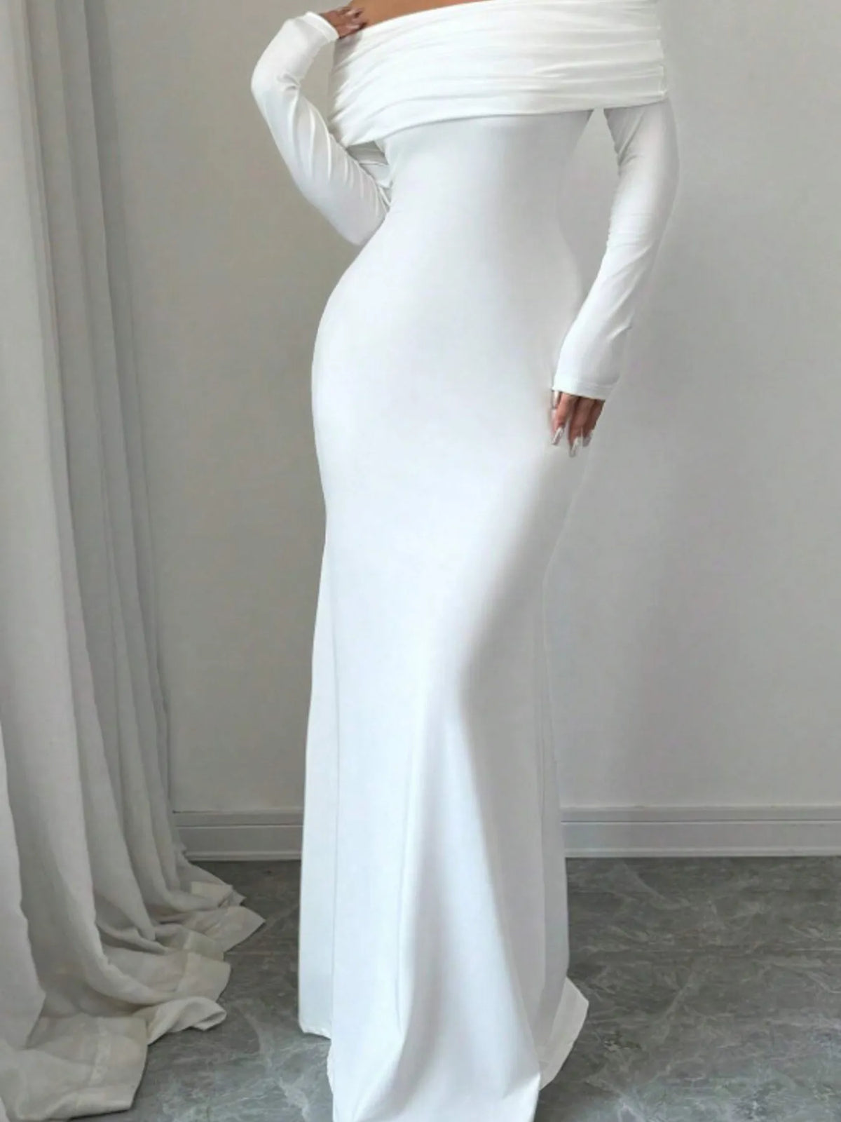 Fold Over Off Shoulder Long Sleeve Twist Back Bodycon Maxi Dress 7
