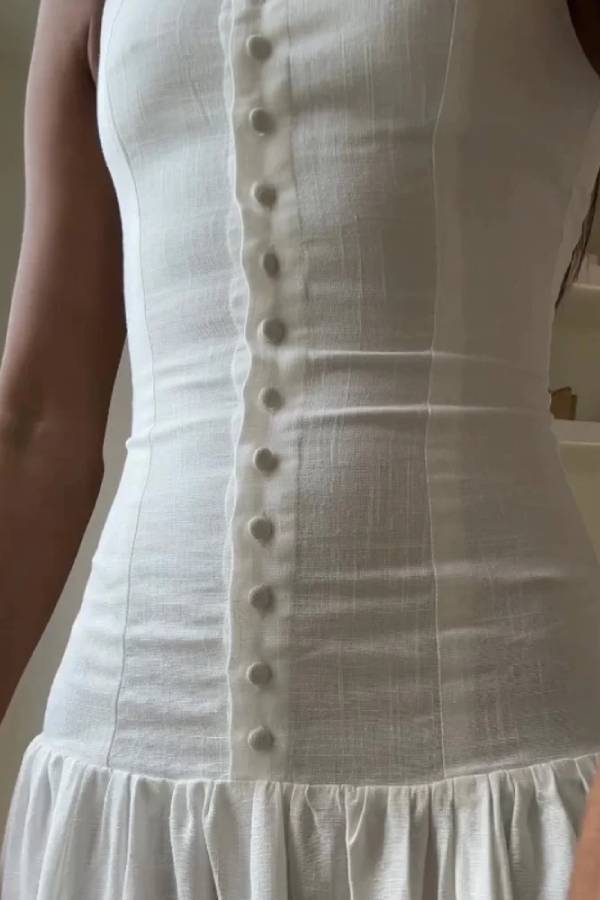 Sleeveless Boat Neck Button Down Drop Waist Gathered Maxi Dress