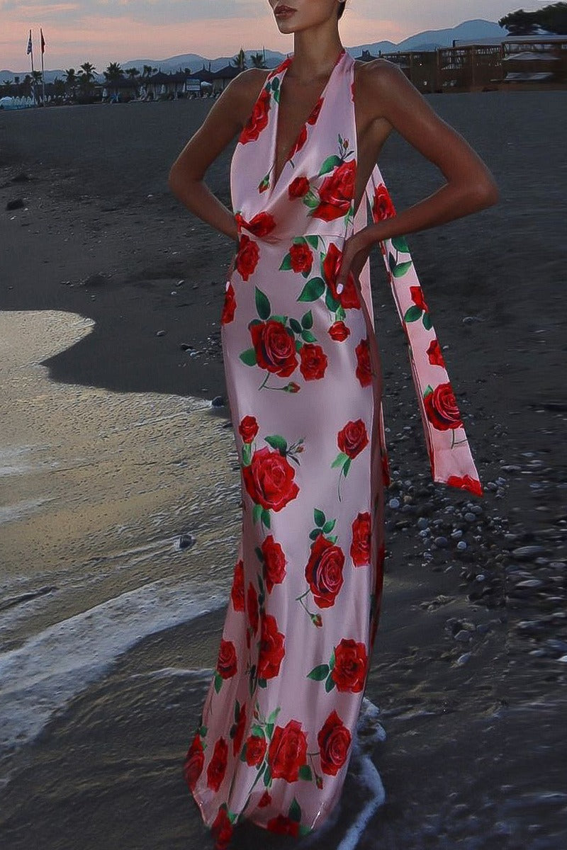 Printed Edition Halter Backless Maxi Silk Dress