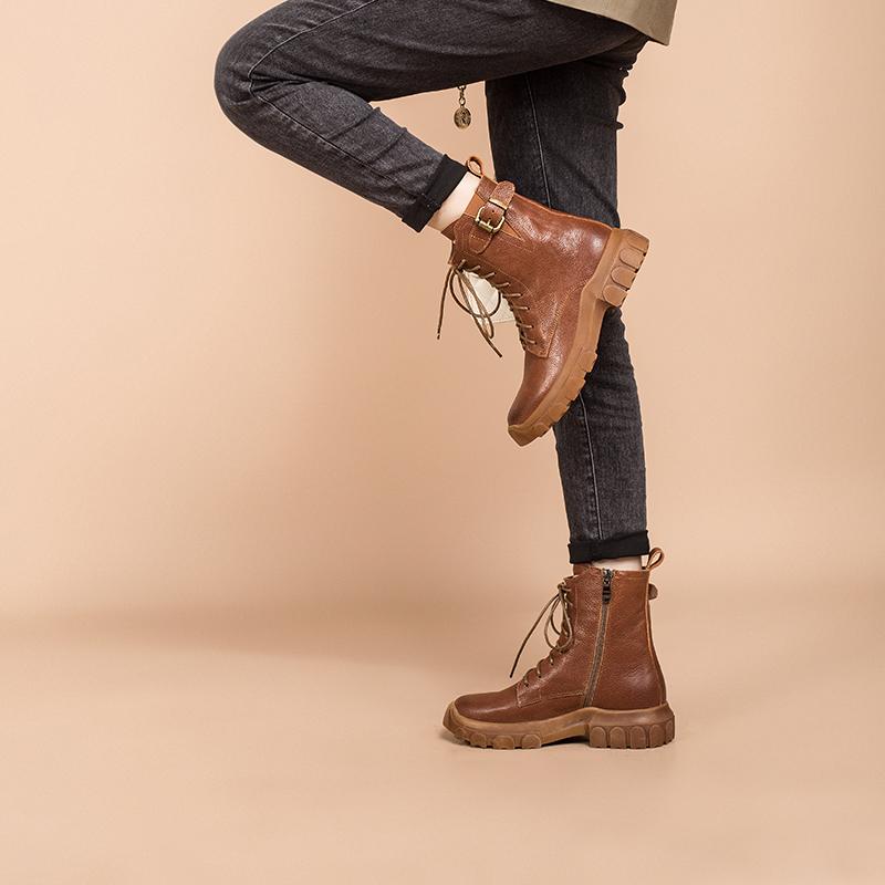 Full grain leather Combat Boots Designer Retro Chunky Riding Boots Side Zip Brown/Black