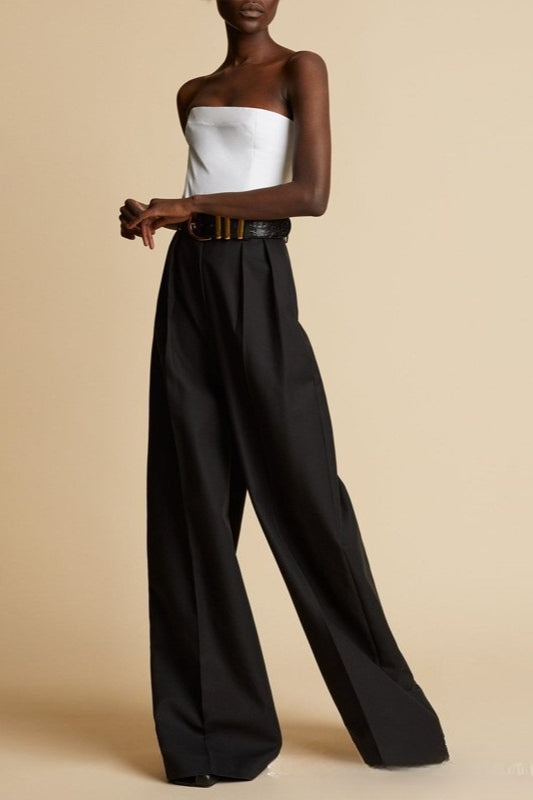 High Waist Pleated Front Floor Length Wide Leg Trousers