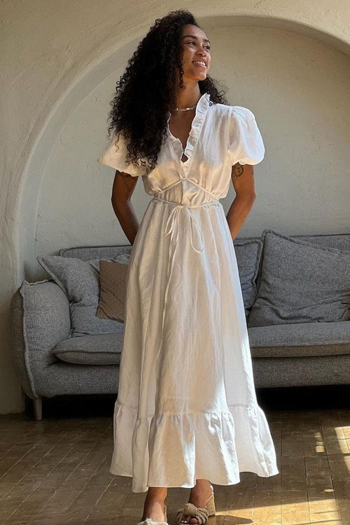V-Neck Tie Waist Short Sleeve Boho Dress