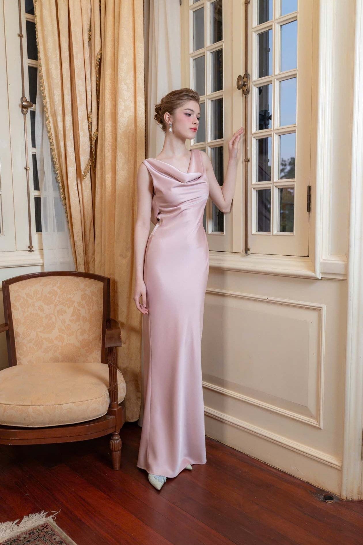 Satin Cowl Neck Sleeveless Sheath Maxi Gown