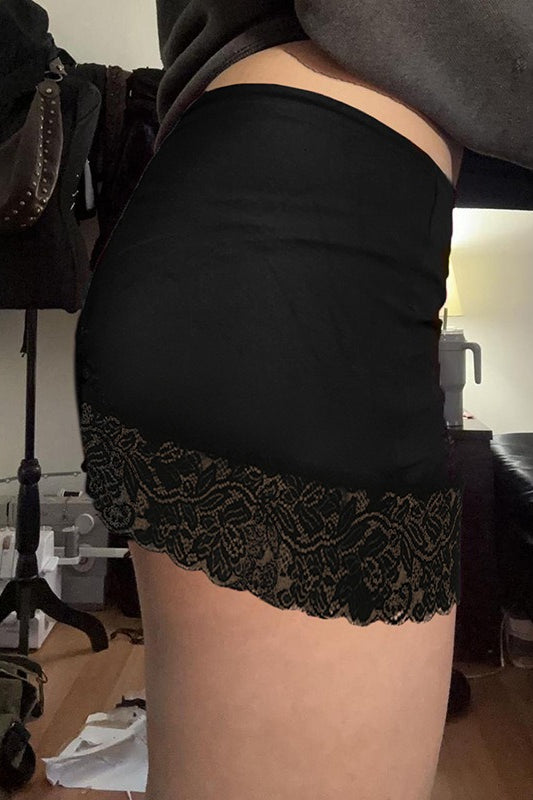 Lace Sheer Mesh Bodycon Pleated Denim Mini Skort