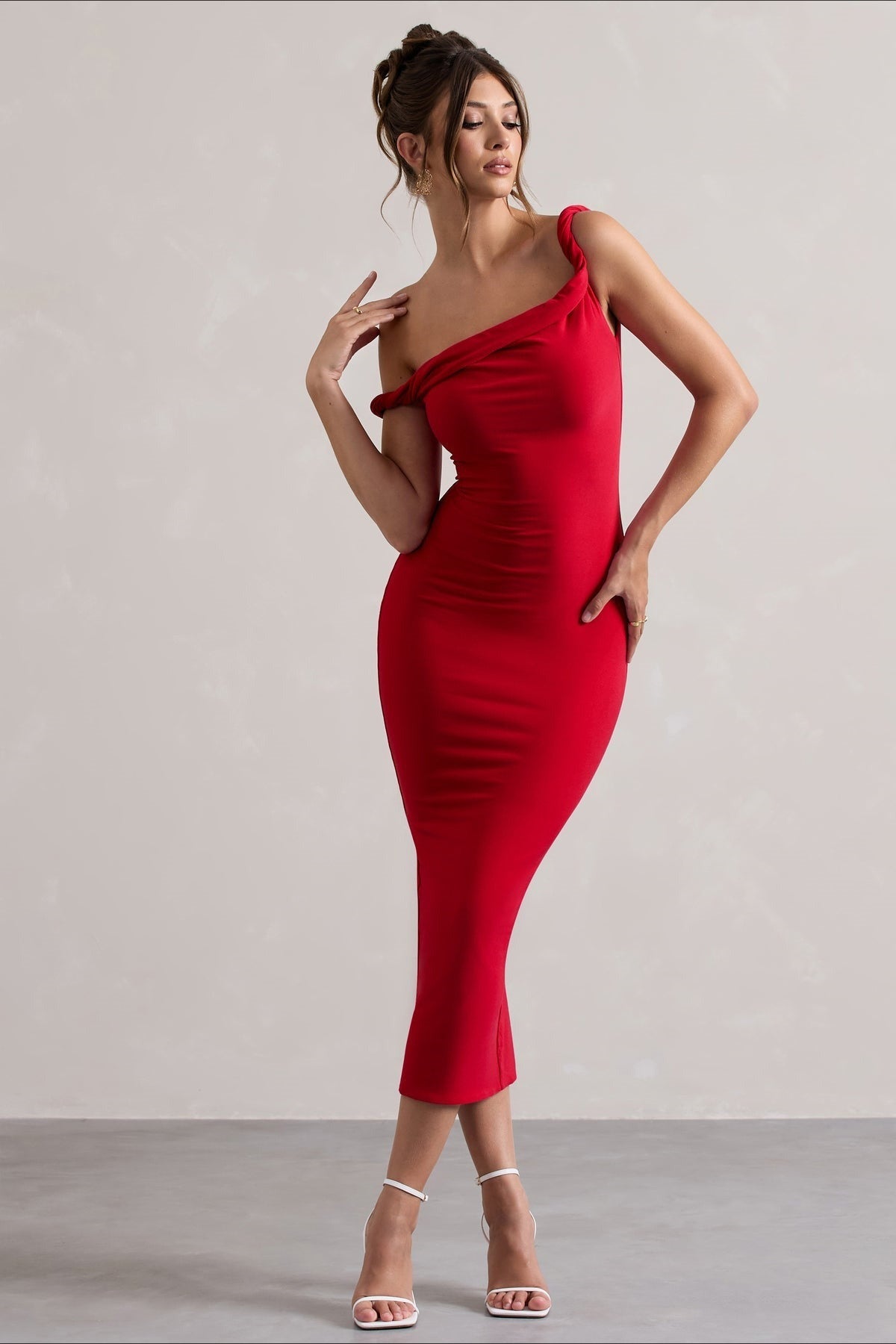One Shoulder Twist Strap Bodycon Midi Party Dress