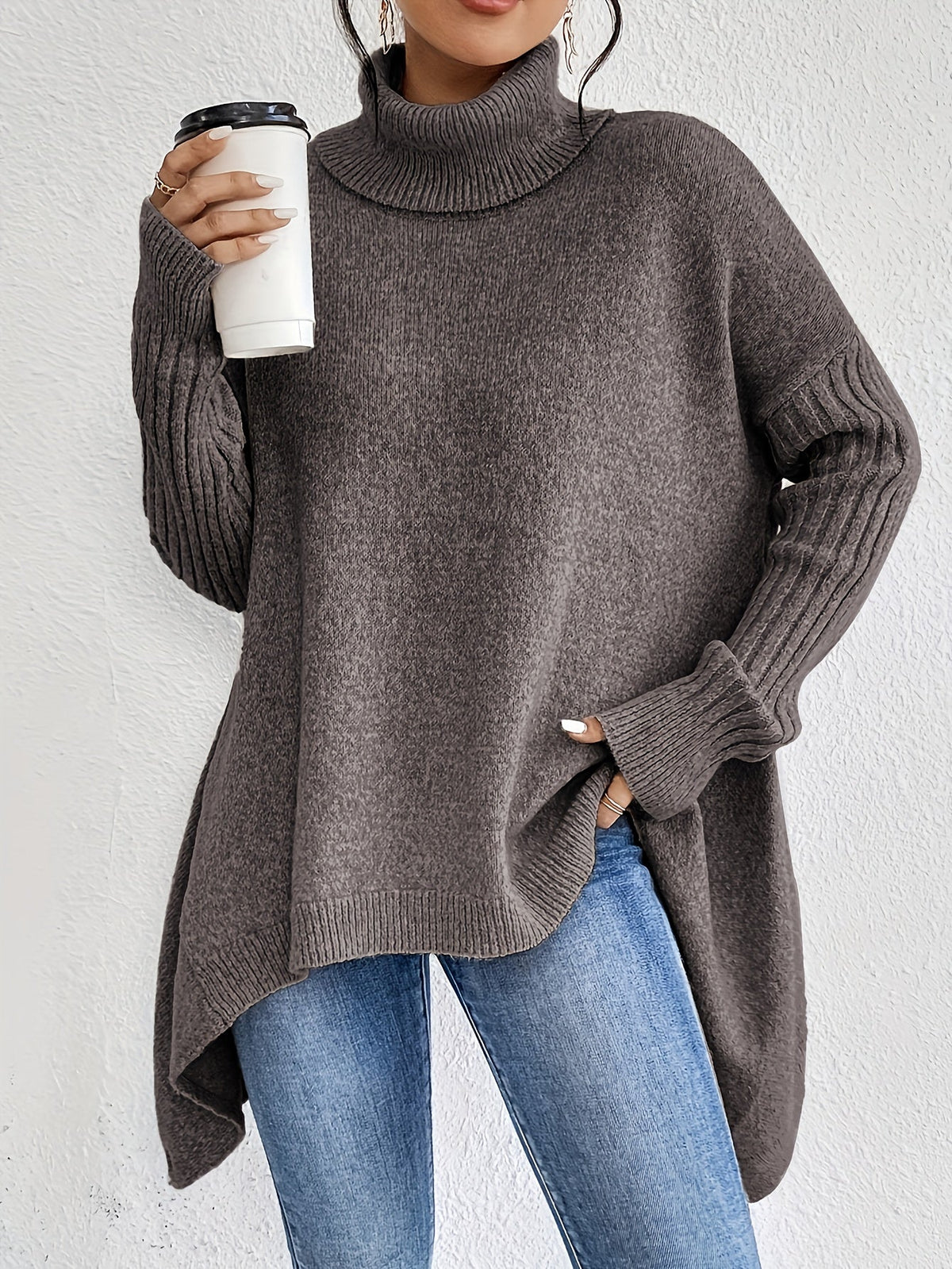 Turtleneck Long Sleeve Oversized High Low Sweater
