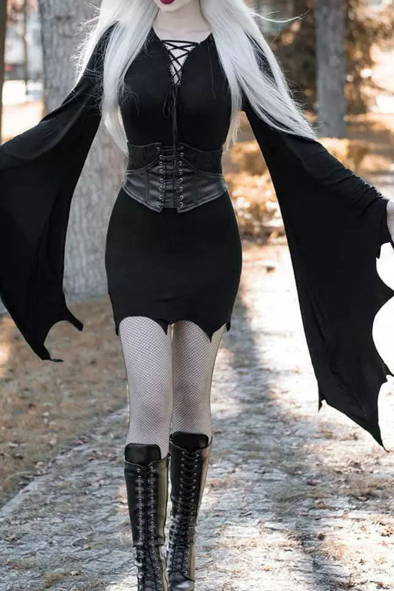 Halloween Color Block Lace Up Batwing Sleeve Bodycon Dress