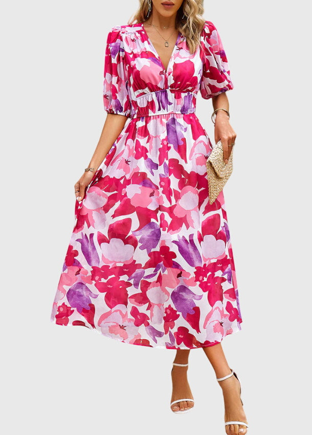 Floral Chiffon Deep V-Neck Puff Sleeve Smocked Maxi Dress 14