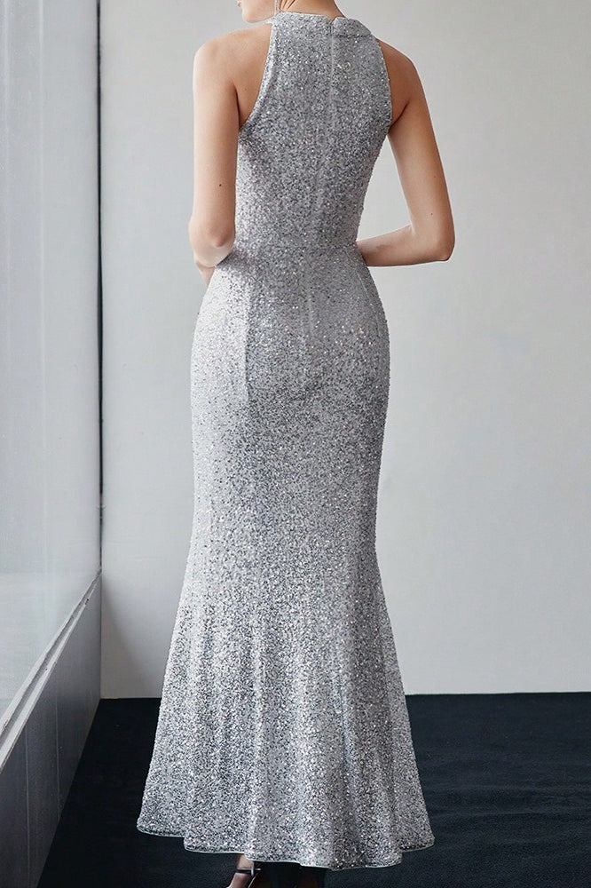 Sequin Halter Neck Rosette Mermaid Maxi Gown