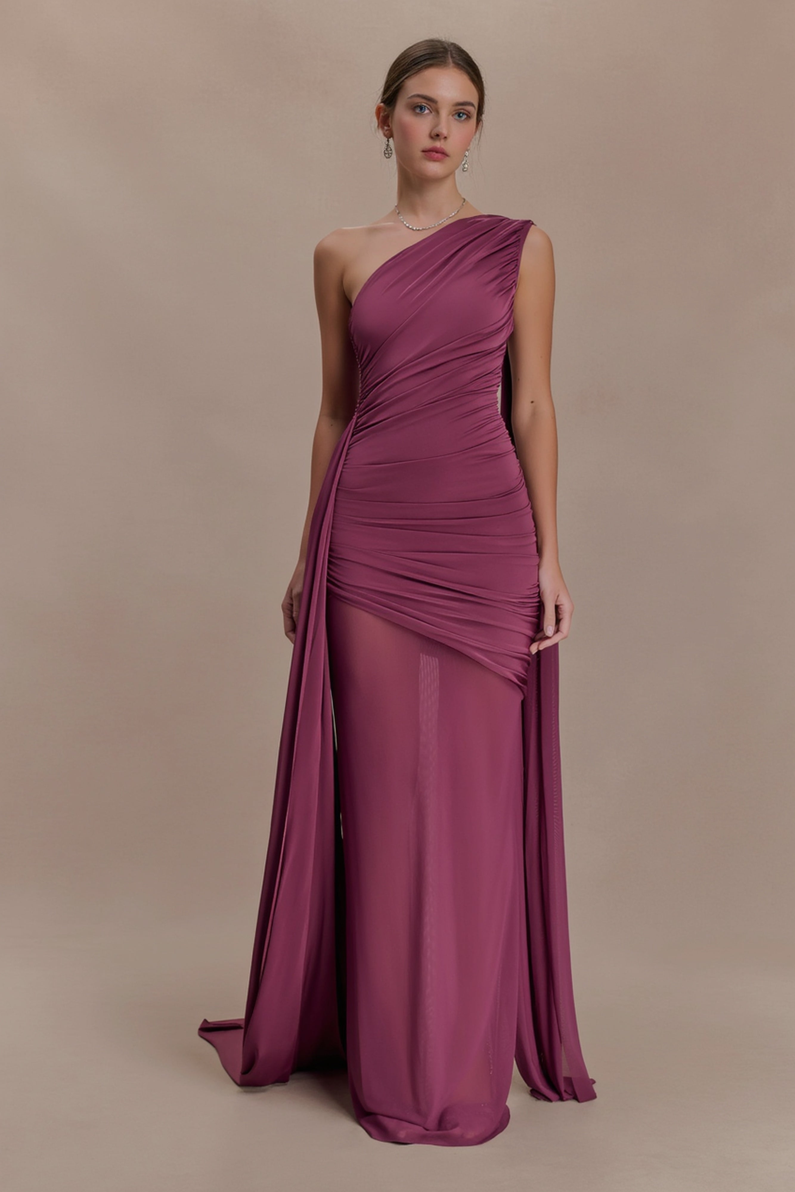 Elegant Mesh Paneled One Shoulder Cape Fitted Party Dress