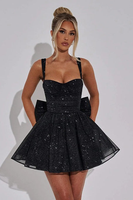 Glitter Tulle Sweetheart Neck Bow Back Fit and Flare Mini Party Dress