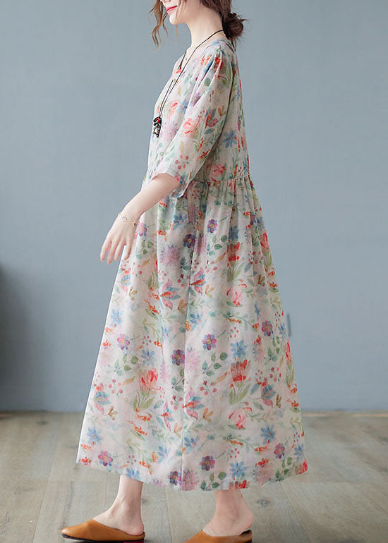Watercolor Floral Print Round Neck Half Sleeve Empire Waist Linen Blend Maxi Dress