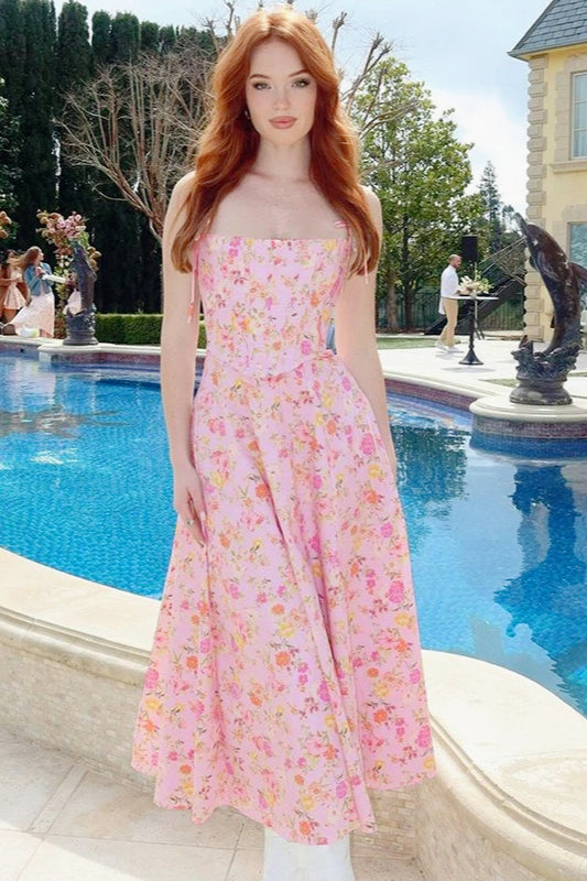 Floral Spaghetti Strap Bustier Corset A-Line Maxi Dress