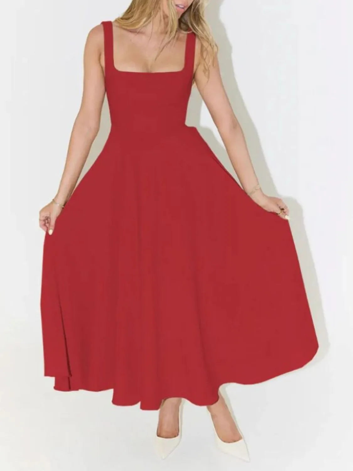 Square Neck Sleeveless Midi Dress Red