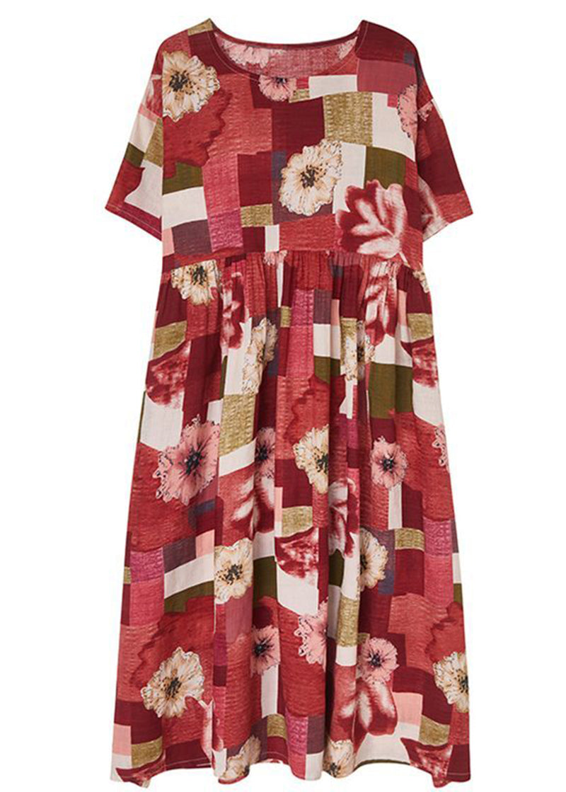 Patchwork Floral Print Round Neck Short Sleeve Empire Waist Midi Dress