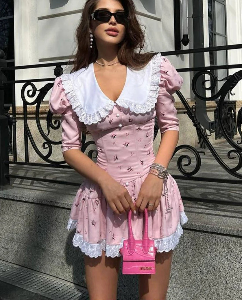 Lace Patchwork Doll Collar Mini Dress - View 2