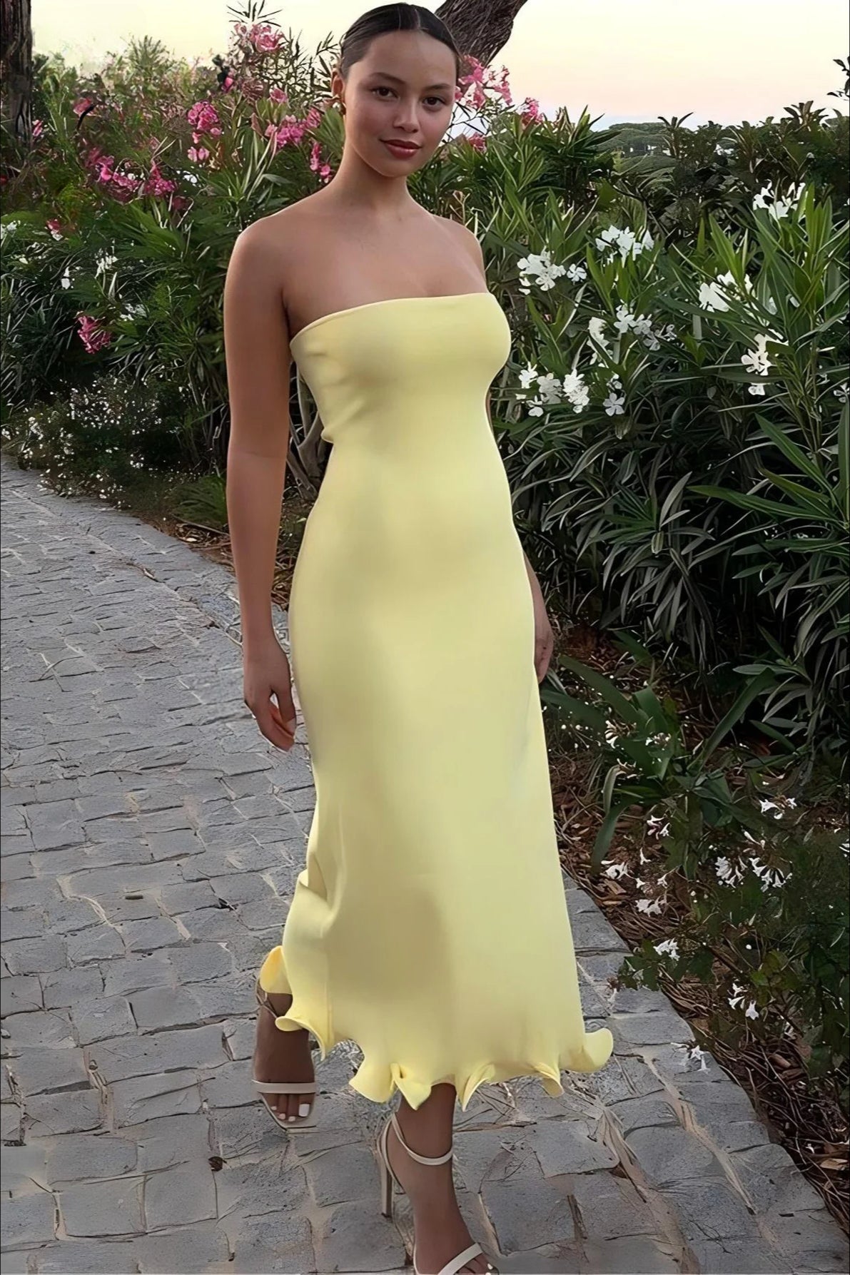 Strapless Ruffle Midi Dress