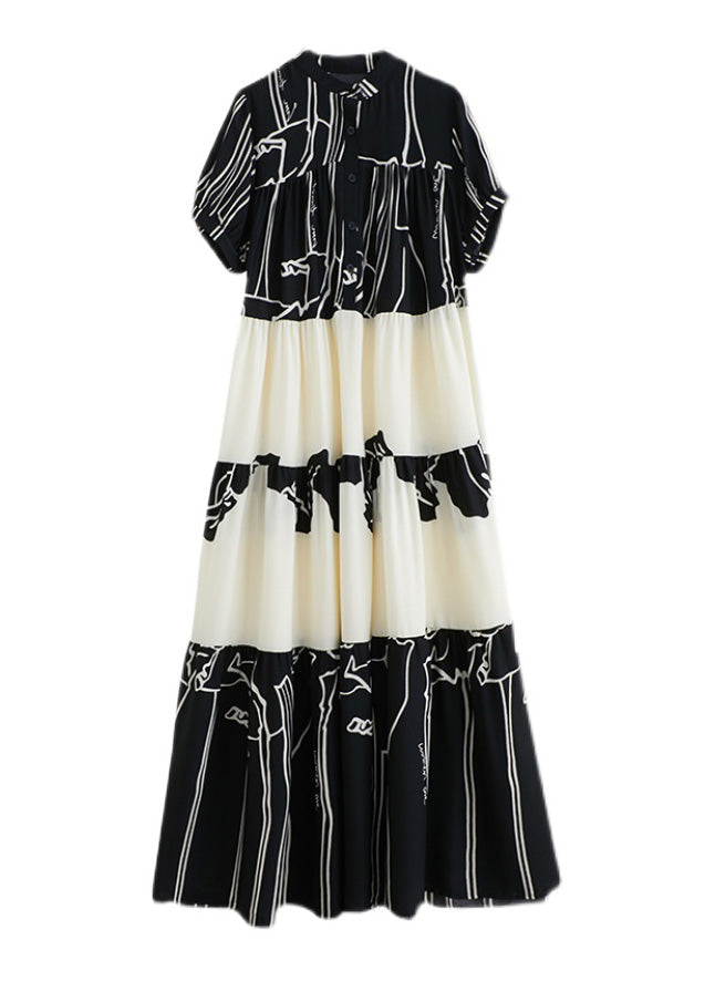 Graphic Print Tiered Mandarin Collar Short Sleeve Button Front Maxi Dress