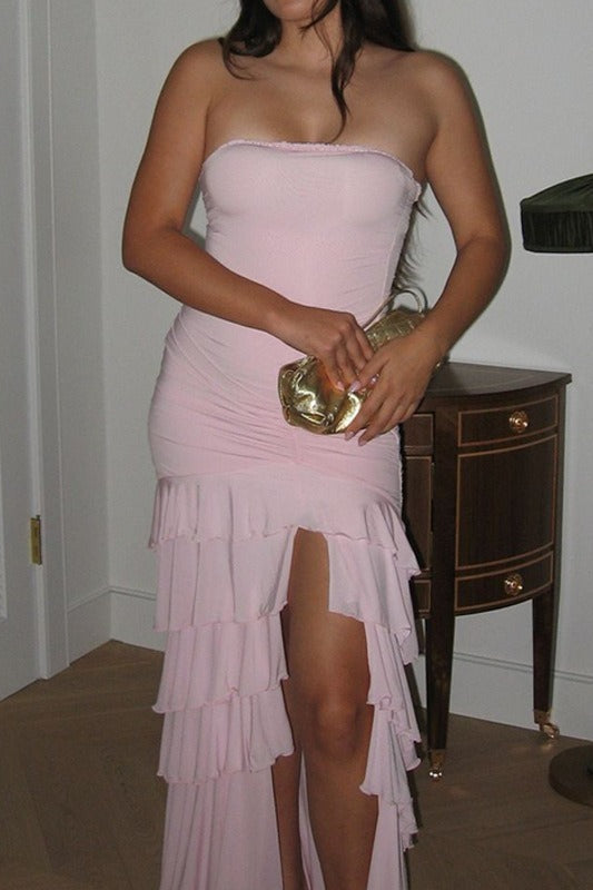 Strapless Ruched High Split Tiered Ruffle Flowy Maxi Prom Dress