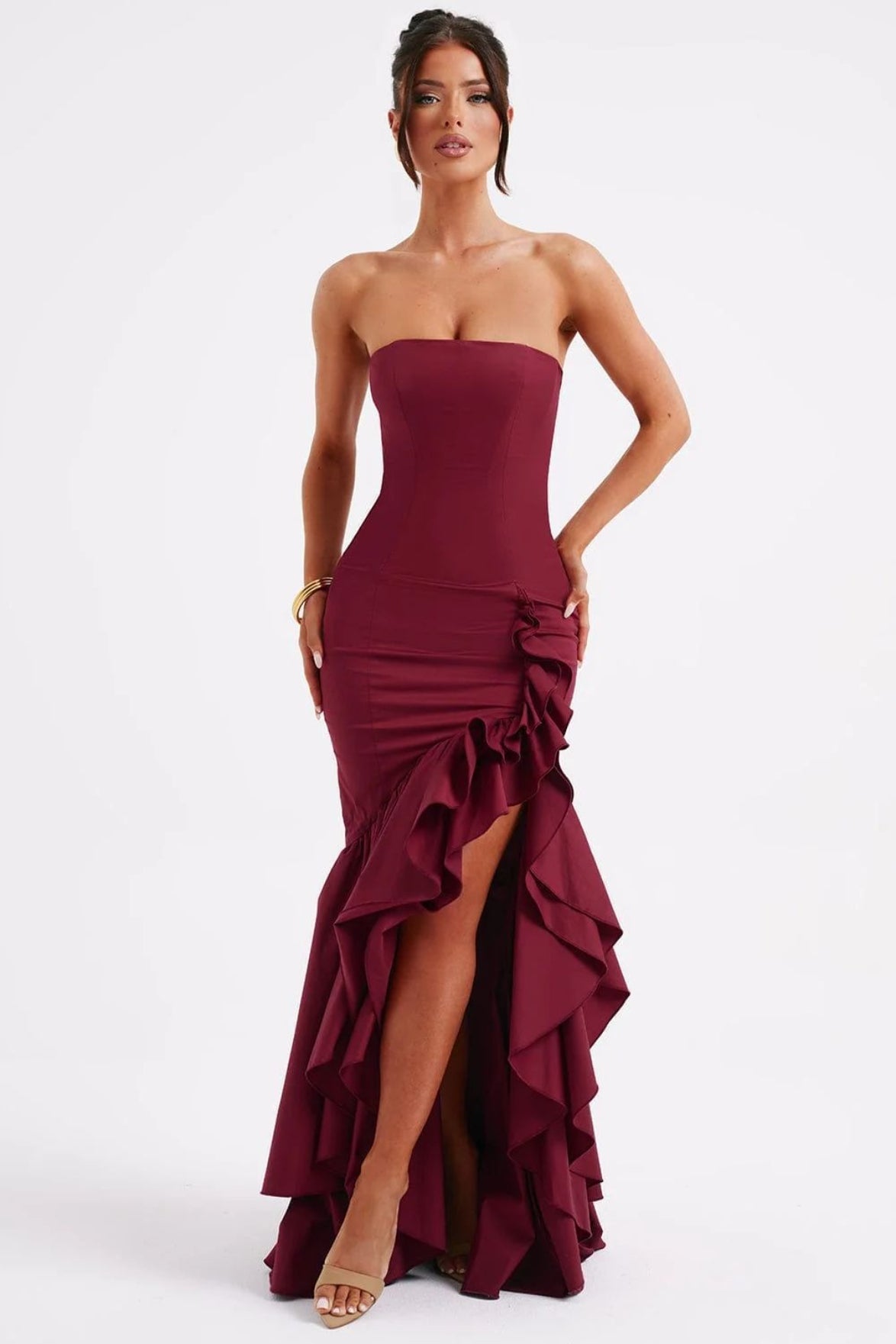 Strapless High Split Ruffle Slim Mermaid Maxi Prom Dress