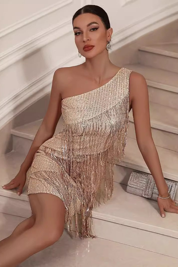 Sequin One Shoulder Tassel Fringe Bodycon Mini Cocktail Dress