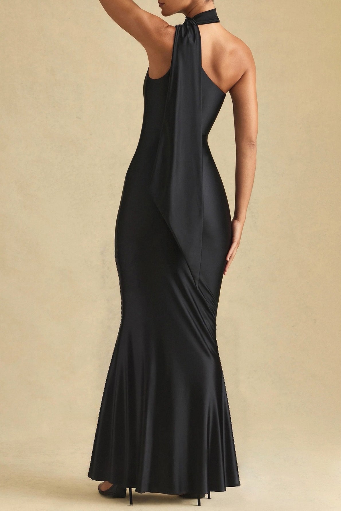Satin One Shoulder Scarf Drape Sleeveless Mermaid Maxi Gown 4