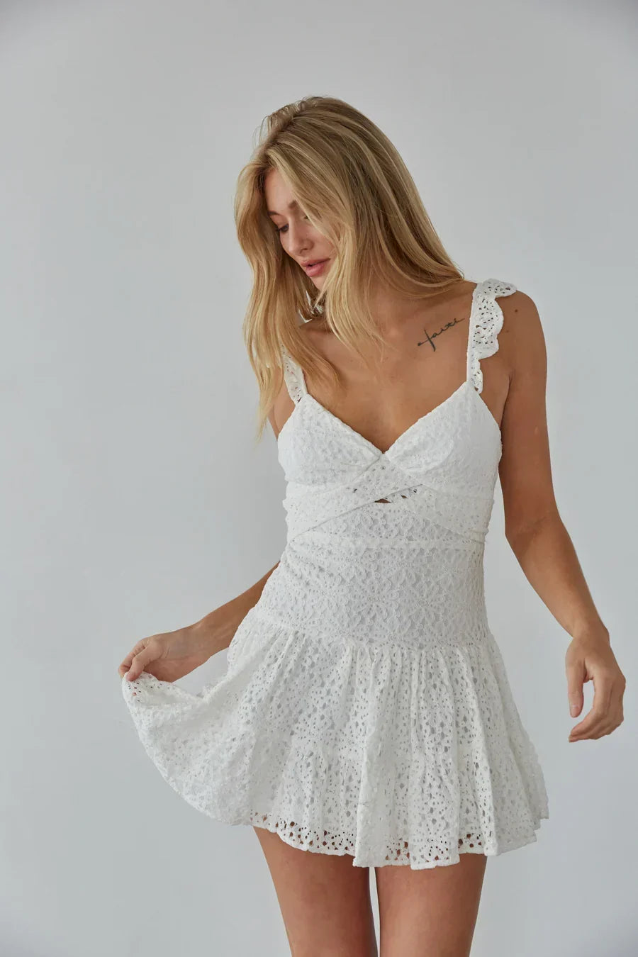 Eyelet Lace Sweetheart Ruffle Strap Tiered Mini Dress 13