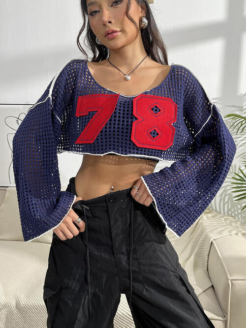 Number Patch Open Knit Flare Sleeve Contrast Trim Crop Top 3
