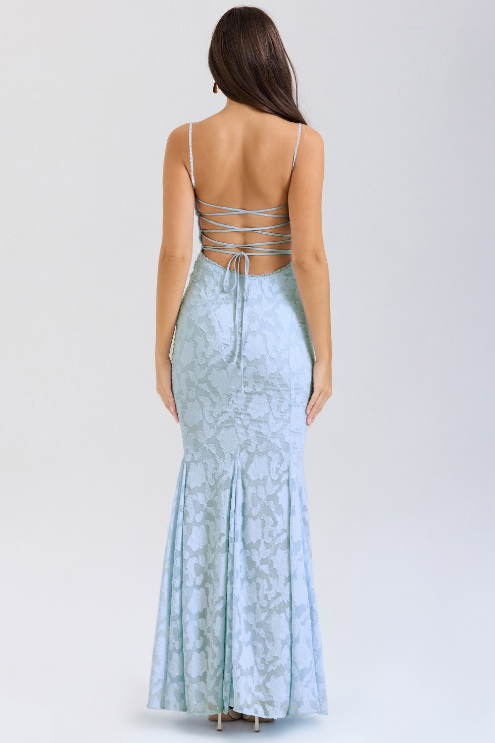 Strapless Lace Backless Waist Tie Maxi Lace Dress