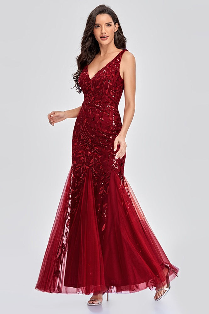 Sequin V-Neck Embroidered Mermaid Maxi Prom Dress
