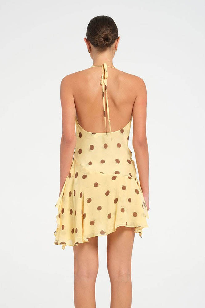 Polka Dot Chiffon Halter Deep V-Neck Ruffle Hem Mini Dress