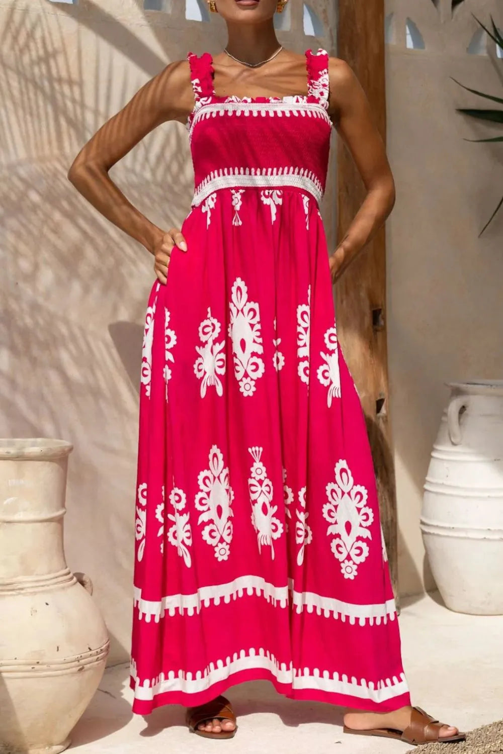 Smocked Square Neck Ruffle Strap Pocket Border Hem Maxi Dress
